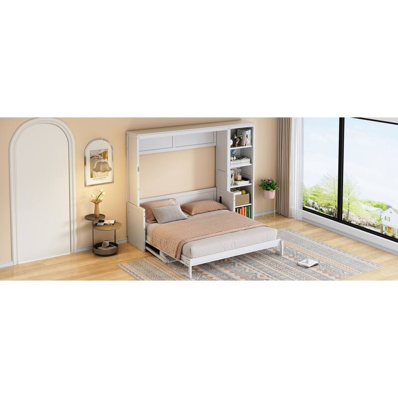 Queen Size Murphy Bed with Desk and Bookshelf, Gray
