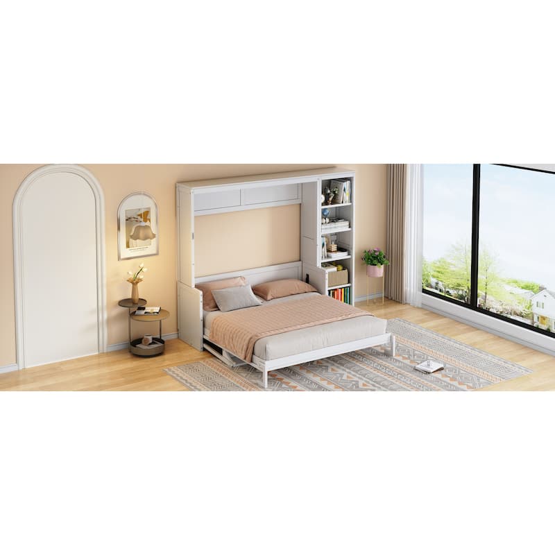 Space-Saving Queen Murphy Bed with Built-In Desk and Bookshelf in White