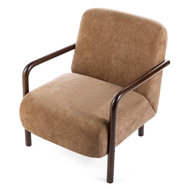 Glitzhome Set of 2 Mid-Century Modern Brown Fabric Thick Armchair with Walnut Rubberwood Frame