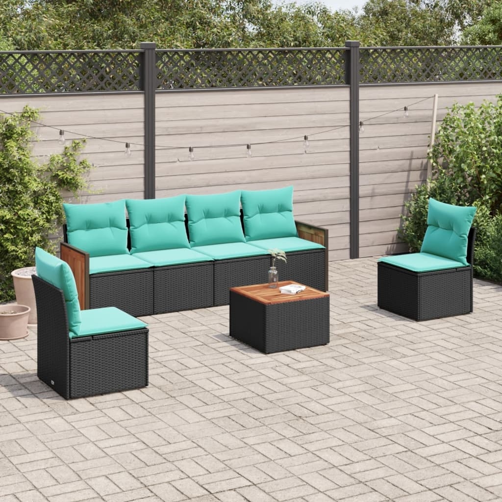 vidaXL 6 Piece Patio Sofa Set with Cushions Black Poly Rattan - 21.7x27.2x24.4-With table
