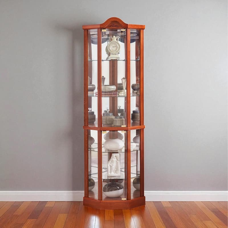 Lighted Corner Curio Cabinet with Glass Doors, Adjustable Shelves & Carved Cherry Decor, Elegant Display Cabinet for Home - Oak