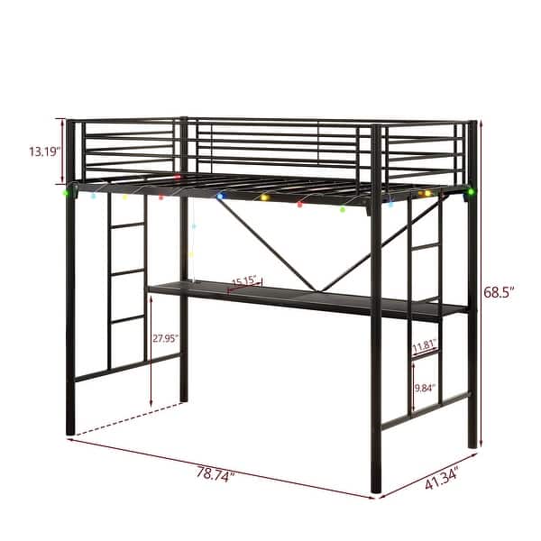 Twin Metal Loft Bed with Desk, Power Outlet, LED Lighting, Safety Guardrails & Ladder, No Box Spring Needed, Black