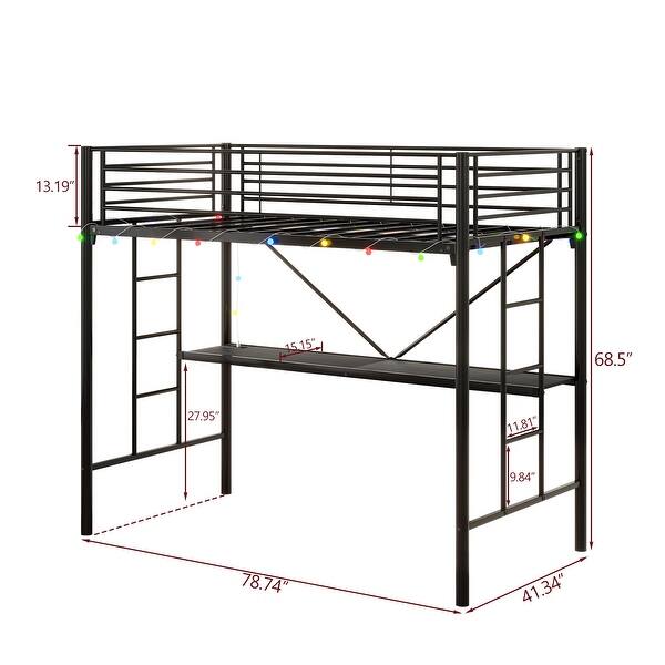 Twin Size Metal Loft Bed with Desk, Power Outlet and LED Lighted , Safety Guard & Ladder