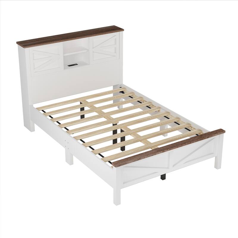 Double Sliding Barn Door Storage Headboard Wood Platform Bed Frame, Charging Station Bookcase Bed, Low Profile Bed