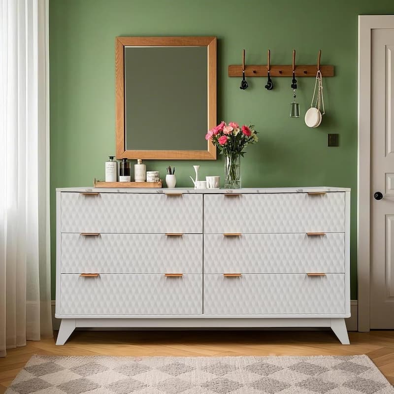 6 Drawer Wood Dresser with Faux Marble Top, 54" Wide Farmhouse Chest, Drip Pattern Design,