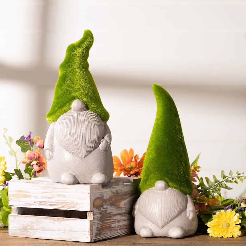Mossy Gnome Figurines - 10" - Green and Gray - Set of 2