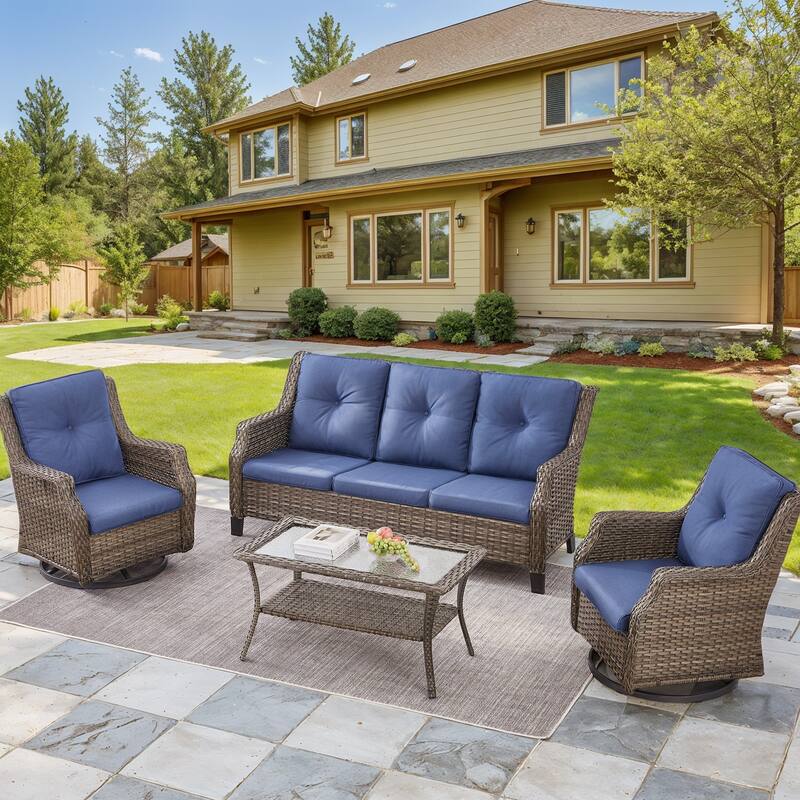 Gymojoy Outdoor 3-Seat Sofa with 2 Swivel Chair Table - Grey - Grey - Blue