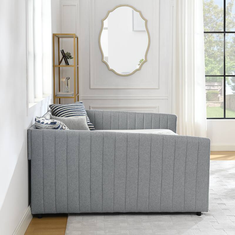 Queen Size Daybed with Two Drawers Trundle Upholstered Sofa Bed, with Vertical Stripes Linen Fabric, Grey (86.5"x65"x30")