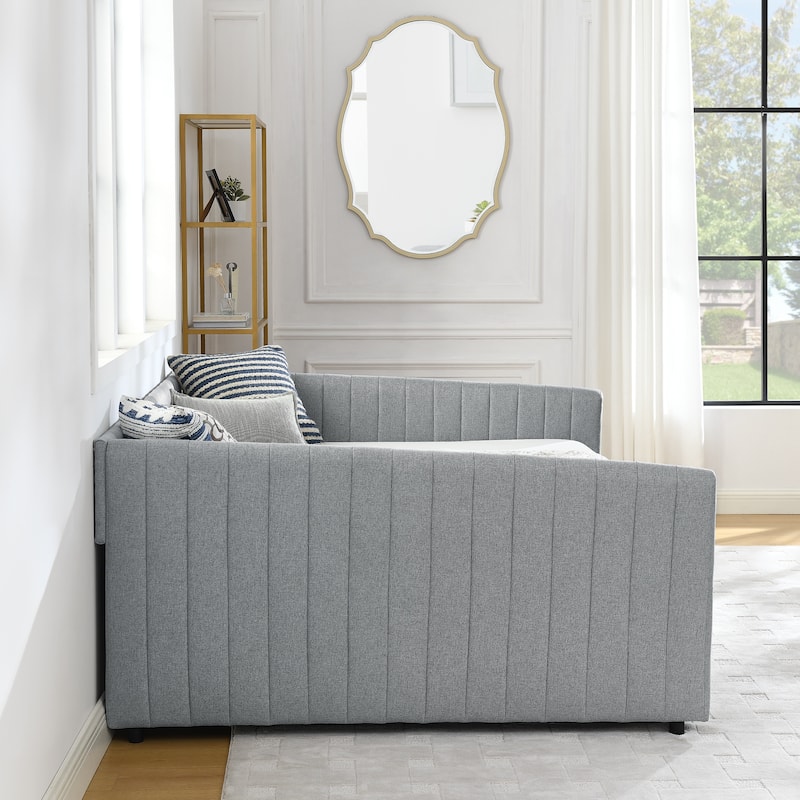 Queen Size Upholstered Daybed with Trundle and Storage Drawers, Grey Linen Fabric