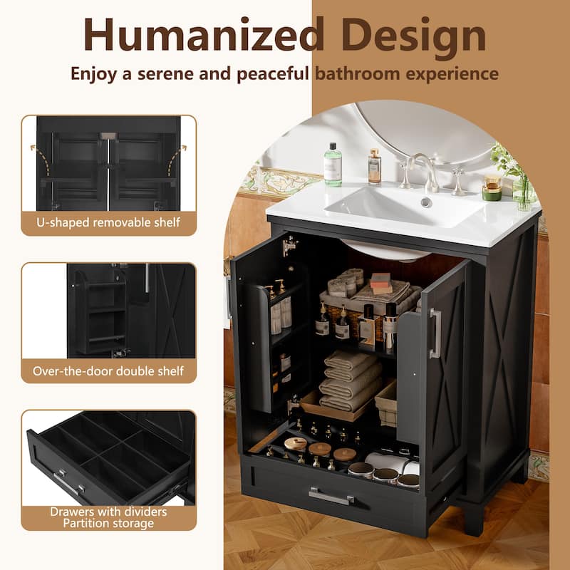 24" Bathroom Vanity with Ceramic Sink, Solid Wood Frame, Soft-Close Doors, Drawer and Shelves, Freestanding Storage Cabinet