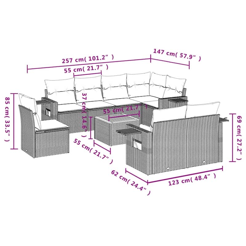 vidaXL 9 Piece Patio Sofa Set with Cushions Black Poly Rattan - 24.4 x 24.4 x 27.2