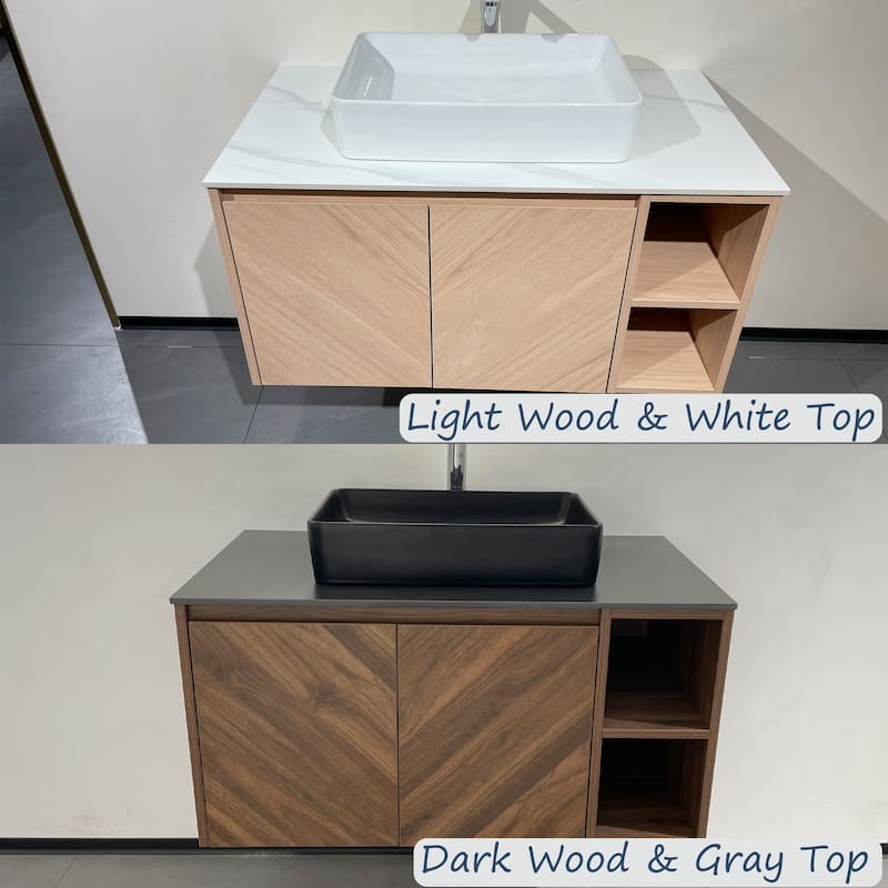 35.83'' Single Bathroom Vanity with Stone Top, Brown Wood, Black Vessel, Floading Vanities