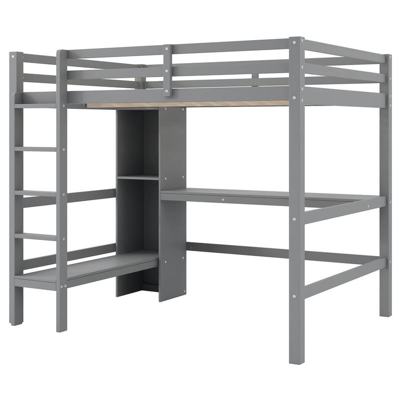 Full Size Pinewood Loft Bed with Under-Bed Desk and Multifunction Shelves