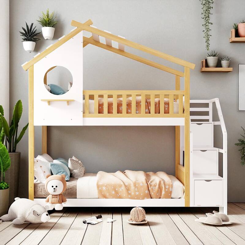 Stairway Twin Over Twin House Bunk Bed with Round Window, Storage Drawers and Shelf, Natural and White Finish