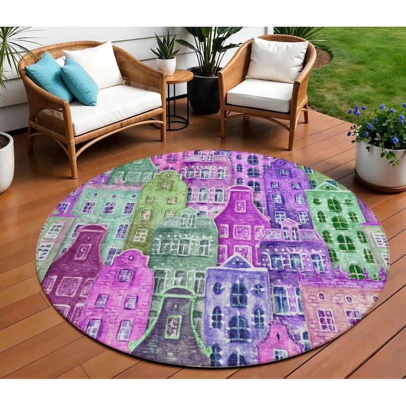 HomeRoots Village Houses Transitional Rectangle Outdoor Rug - 8' Round