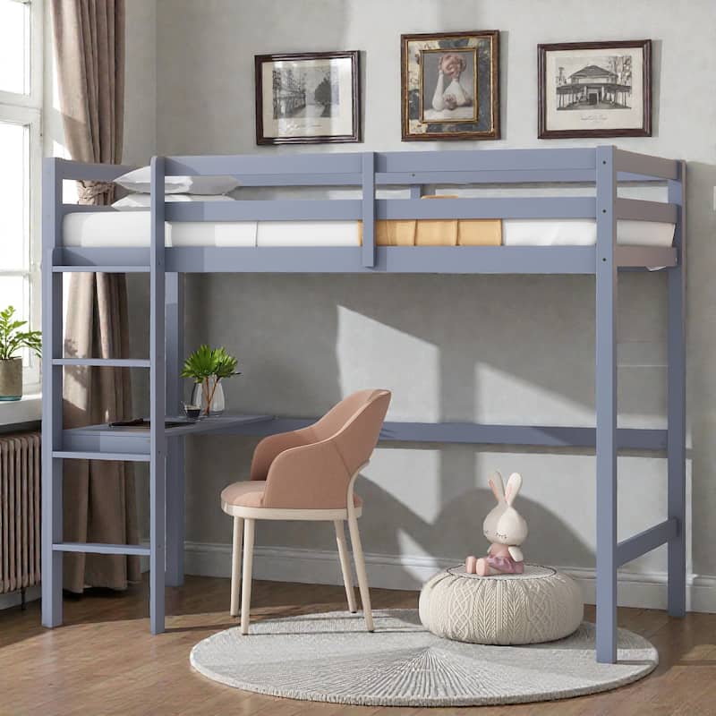 Twin High Loft Bed with Desk and Ladder, Solid Rubber Wood Loft Bed with Safety Guardrails