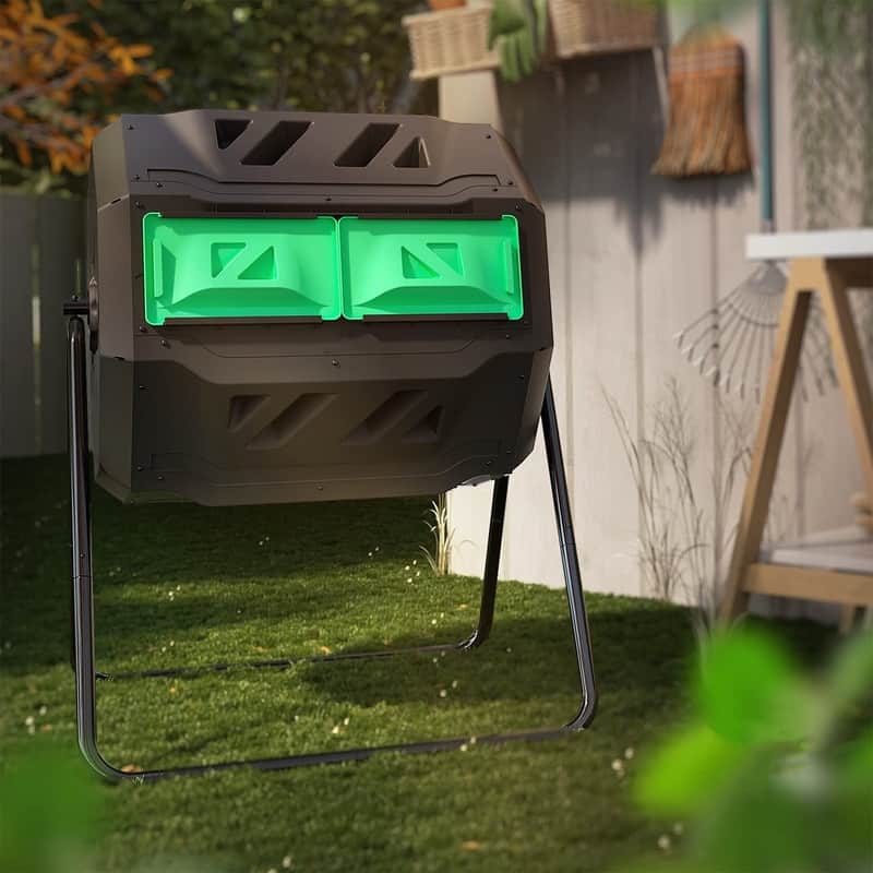 42 Gallon Tumbling Outdoor Compost Bin Dual Chamber 360° UV & Rust