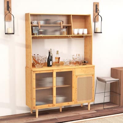 Bamboo Buffet Cabinet Wine Bar Pantry Cupboard Sideboard Sliding Door
