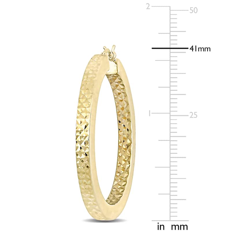 Miadora Yellow Plated Sterling Silver Diamond-cut Textured Hoop Earrings - 4 mm x 40 mm - 4 mm x 40 mm