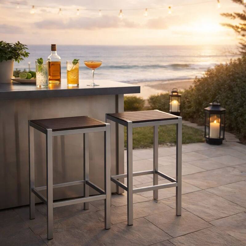 Kylo 43 Inch Outdoor Bar Table, White and Brown Aluminum Frame, Small