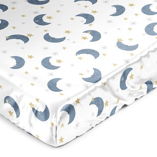 Sweet Jojo Designs Moon and Star Boy Girl Unisex/Gender Neutral Satin Fitted Crib Sheet Blue Gold Watercolor Celestial Galaxy