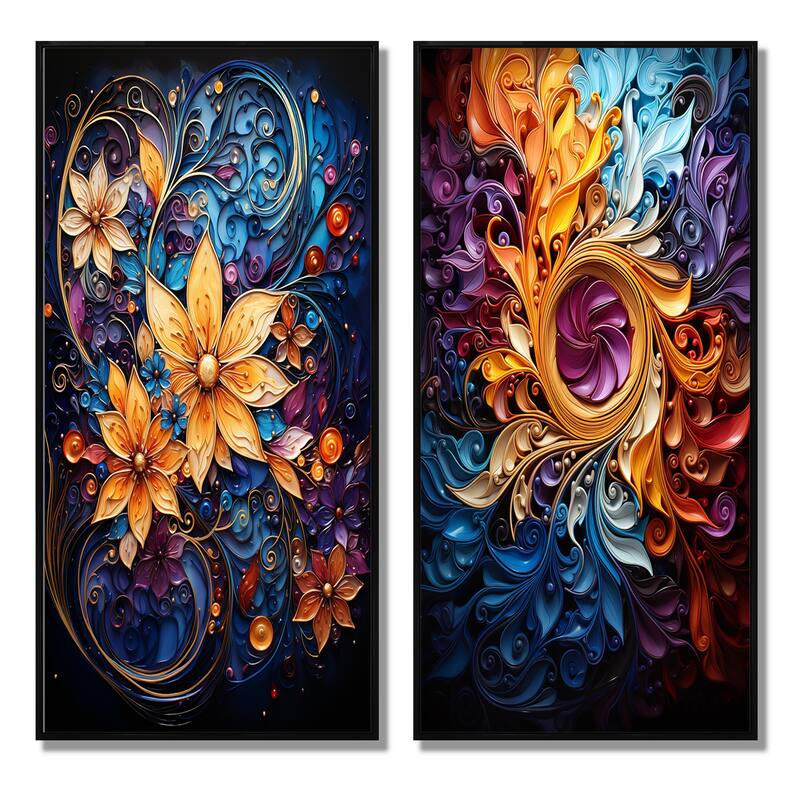 Designart "Spiral Kaleidoscope" Abstract Spirals Framed Wall Art Set Of 2 - Gold Gallery Wall Set For Home Decor