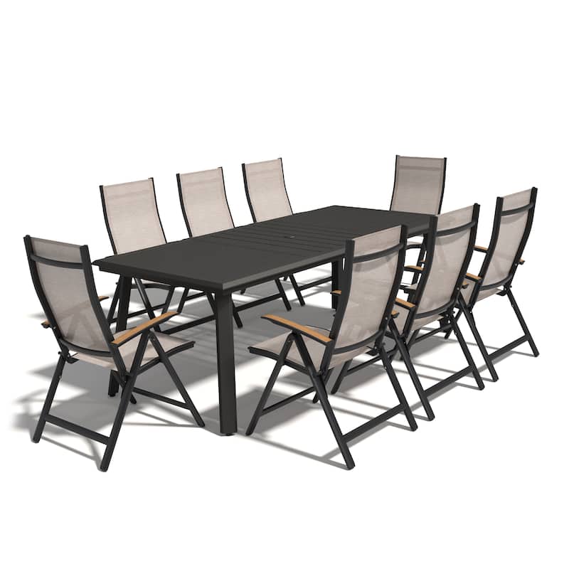 9/11/13-Piece Outdoor Patio Dining Set All-Weather Aluminum Dining Table with Umbrella Hole and Adjustable Folding Chairs - Espresso - Set of 9