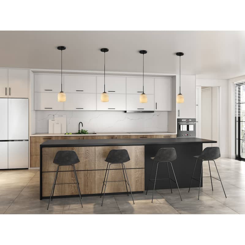 Artcraft Crema - 1-Light Pendant - Black with Brushed Brass Accent - Alabaster Style Swearl Glass Shade - Black, Brushed Brass