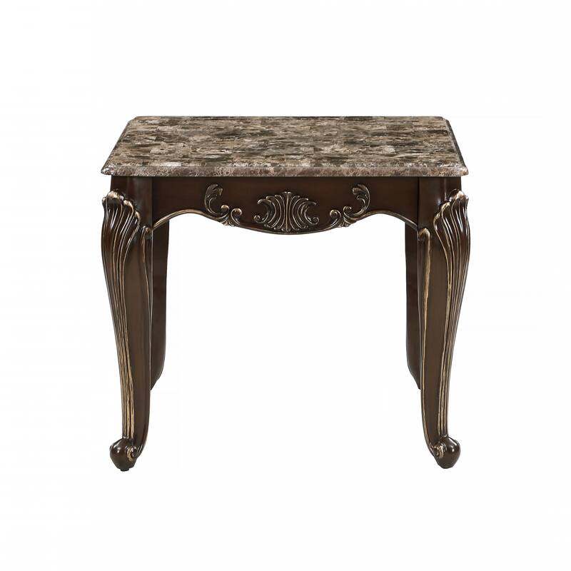 Formal Traditional Luxury 1pc Marble Top End Table Cherry Finish with Gold Tipping Living Room Furniture - Brown