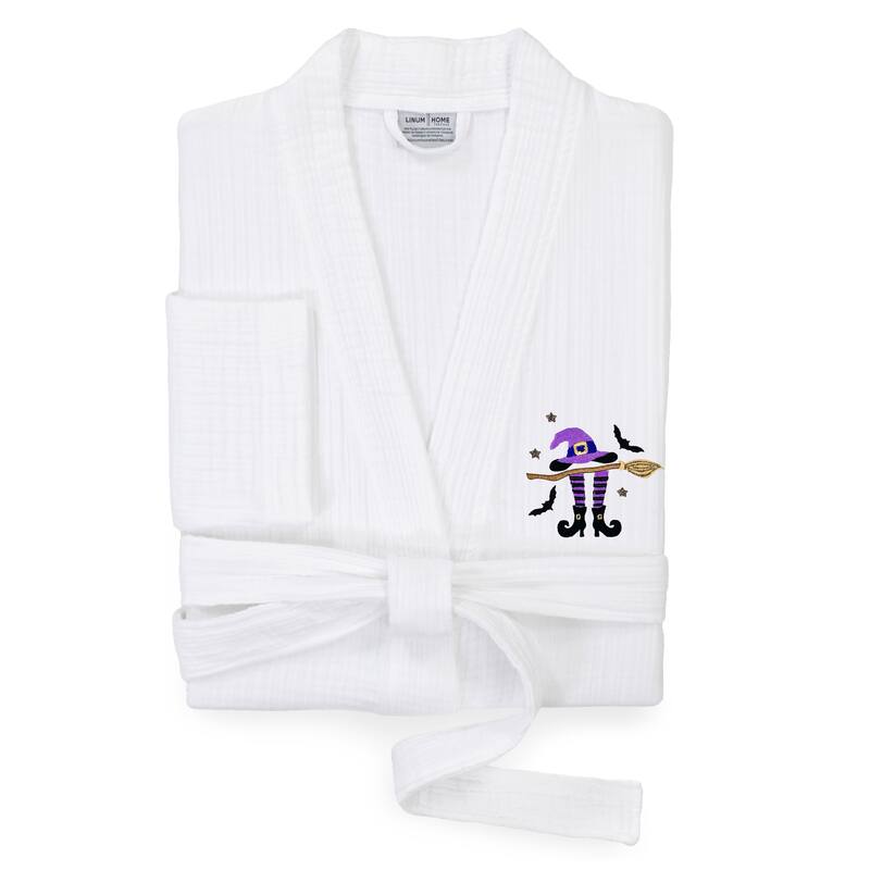 Authentic Hotel and Spa 100% Turkish Cotton Unisex Smyrna Bath Robe with Hat Broom Legs Embroidery - L/XL - White