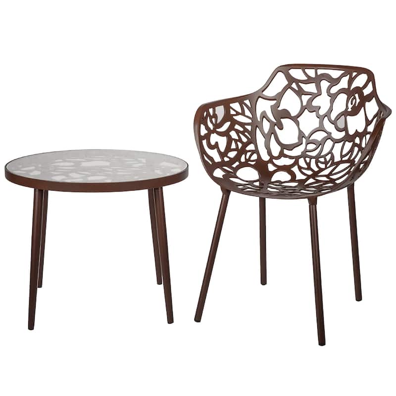 Devon Decorative Modern Floral Cutout Glass Top Patio Coffee Side Table with Aluminum Frame for Indoor Outdoor - 23 x 23