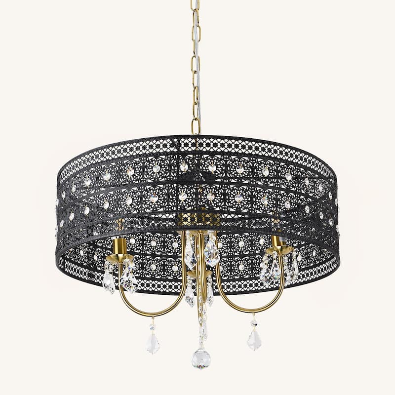 4-Light Elegant Black Lace - Trimmed Crystal Chandelier with Gold - Tone Hardware for Home Decoration - Matte Black