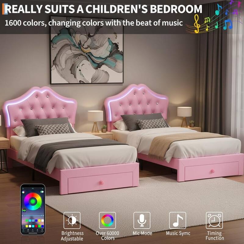 Bed Frame, with LED Lights and Storage Drawer