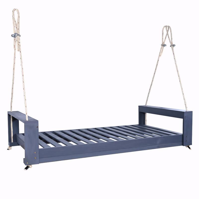 Twin Size Porch Swing Bed Seating Group, Patio Acacia Wood Swing Frame with Hemp Rope