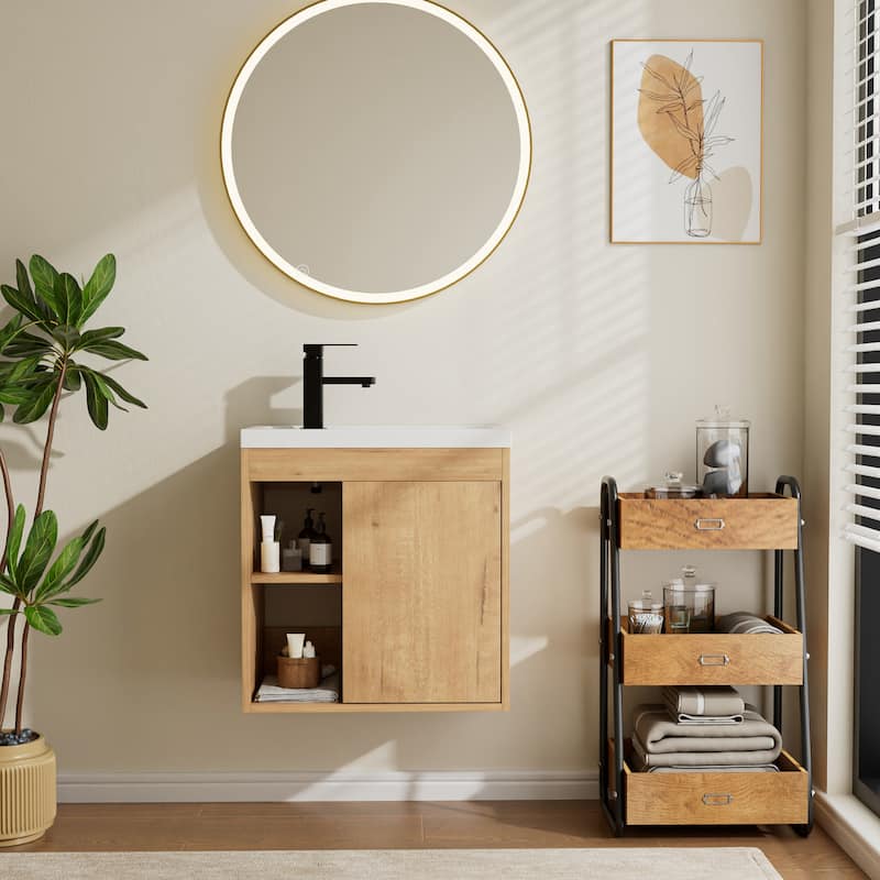 Single-Door Wall Cabinet with Integrated Basin - Natural