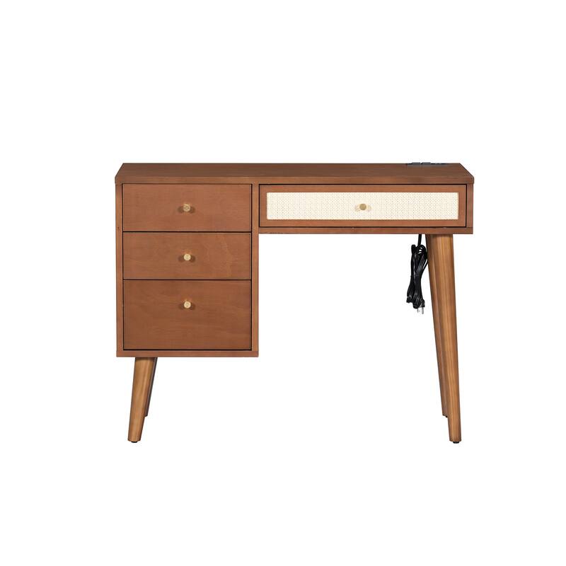 39" Retro Bohemian Style Wooden Makeup Vanity Set with Charging Plug&USB Port and Stool