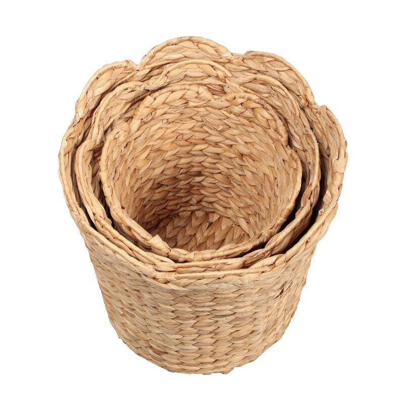 Handwoven Water Hyacinth Scalloped Edge Nesting Baskets (Set of 3)