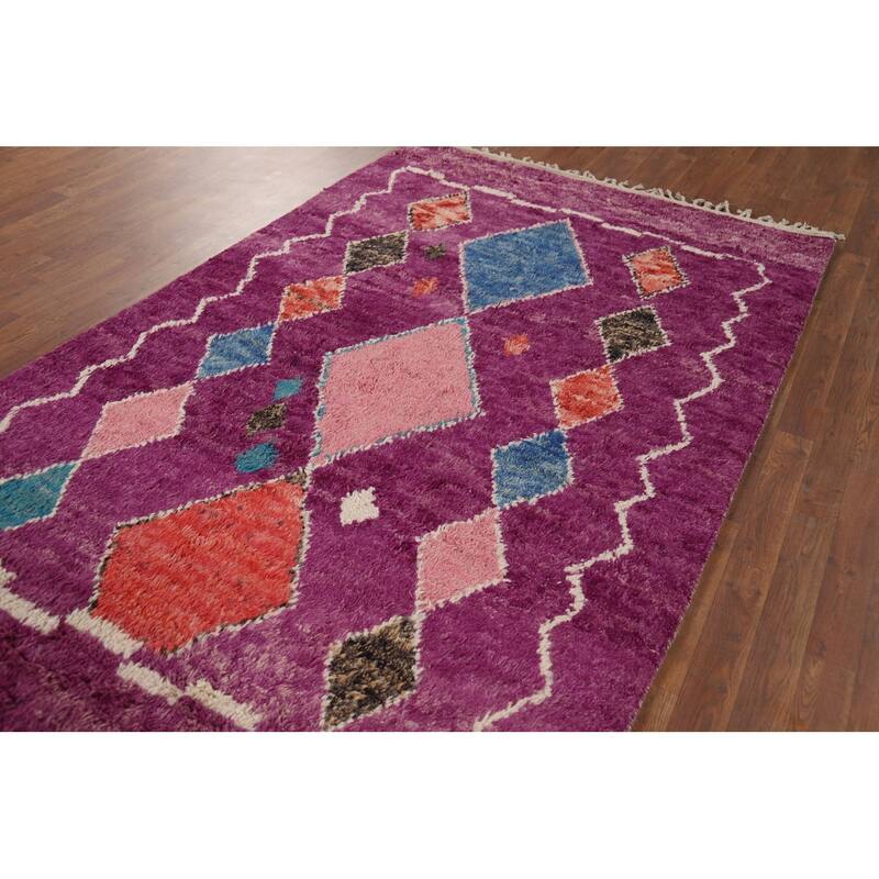 Hand Knotted Oriental 100% Wool Carpet Modern Geometric Purples Moroccan Area Rug - 8' 6'' X 4' 11''