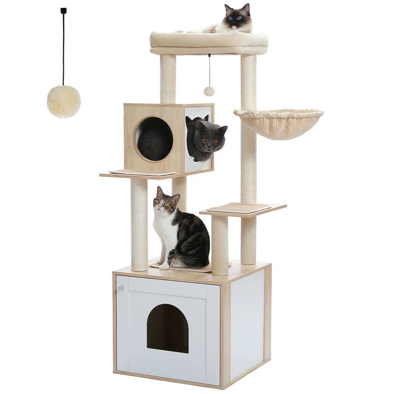 56.7" Cat Tree with Enclosure Large Litter Box, Cozy Cat Condo, Scratching Post and Repalcable Dangling Balls