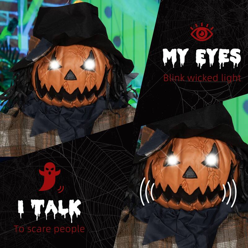 6FT Hanging Pumpkin Ghost Halloween Decor Light-Up Eyes Talking Sound Activated