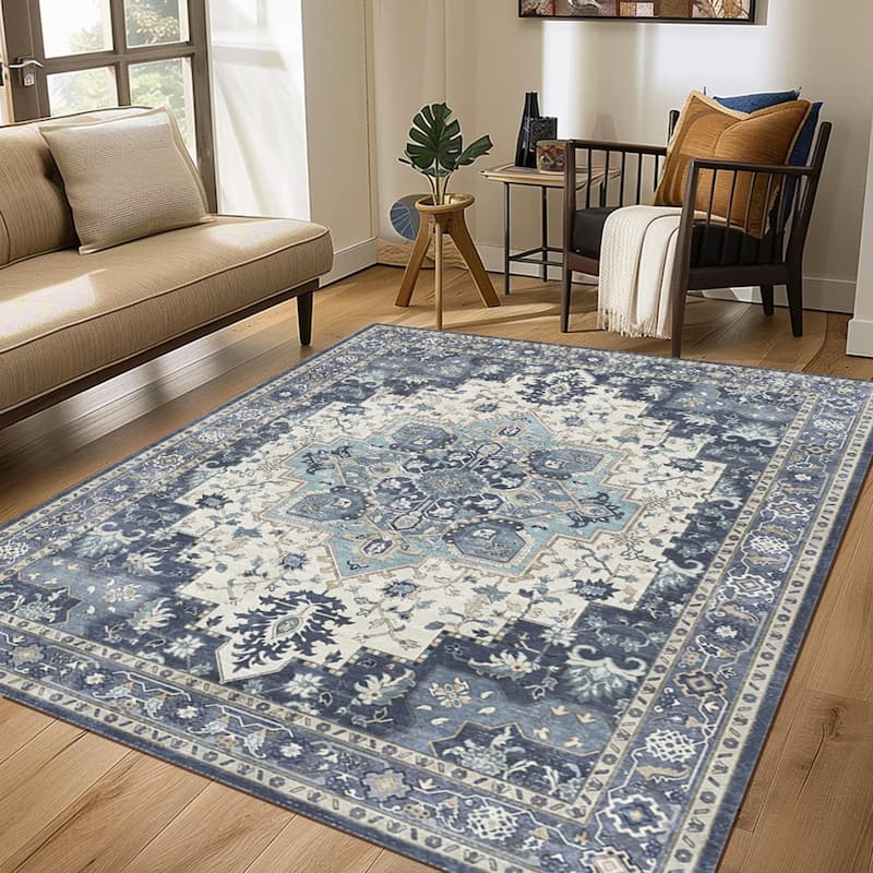 Mcow Floral Faded Low Pile Machine Washable Non-Slip Area Rug - 9'X12' - Blue - Rectangle