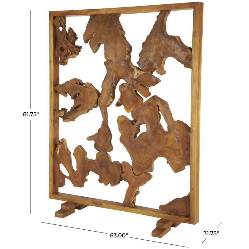 Teak Wood Tall Live Edge Freestanding Partition Room Divider Screen with Large Tree Trunk Pieces - Brown - Roche River Decor