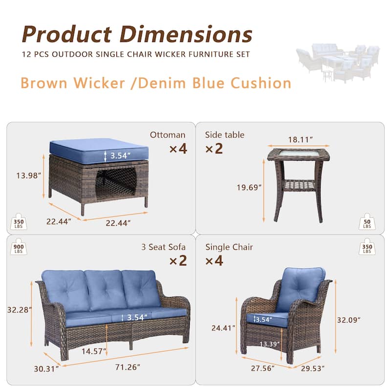 Brown Wicker Outdoor Patio Furniture Sofa Set with Denim Blue Cushions