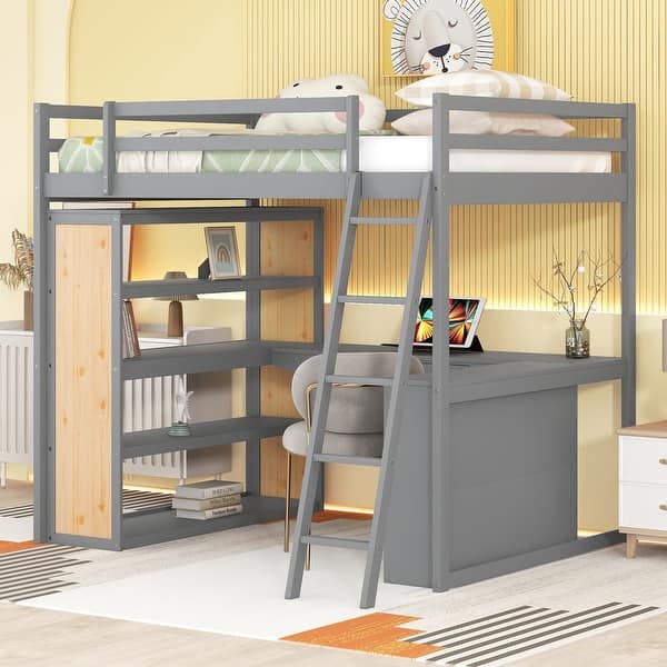 slide 2 of 25, Full Size Wood Loft Bed with Shelves and Desk
