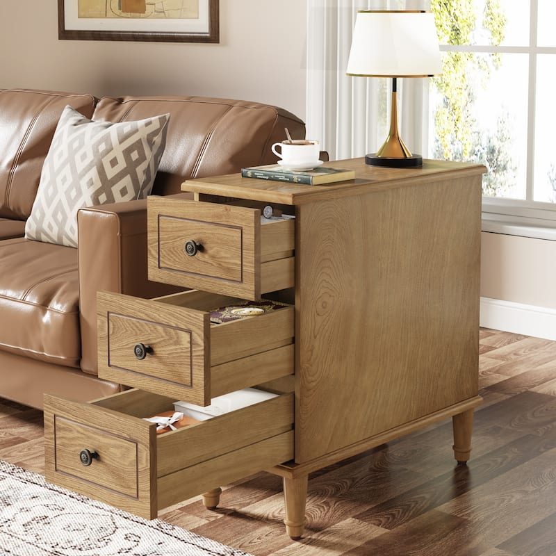 Solid Wood End Table with 3 Drawers, Fully Assembled Narrow Side Table - 1-Piece (Light Brown)