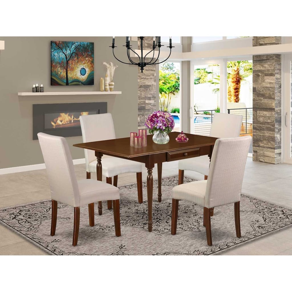 HomeStock 5-Pc Mahogany Finish Solid Wood Top - Upholstered Dining Room Set with Dropleaf - Seats 4