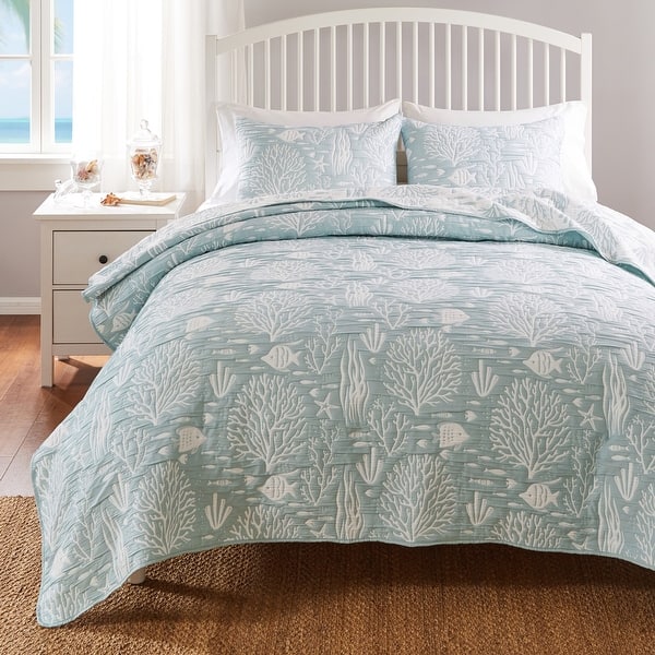 slide 2 of 11, Greenland Home Coastal Paradise Reversible Matelasse Coverlet Set Marina Seafoam - Oversized King