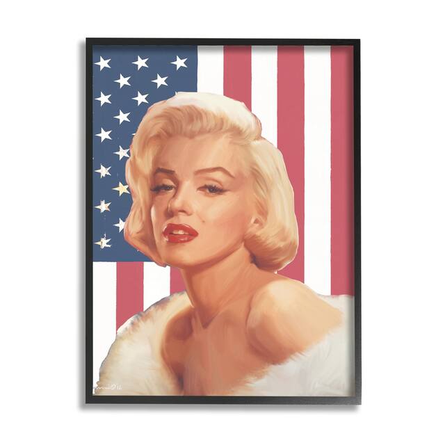 Stupell Industries Vintage Americana Icon Marilyn over US Flag Framed Wall Art - Red - Black - 24 x 30