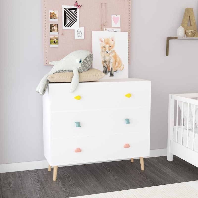 Anmytek Kids 3 Drawer Chest with Pastel Drawers Cartoon Handles Nursery and Playroom Storage - White