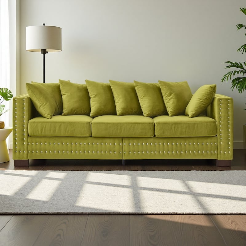 84.5" Velvet 3-Seater Sofa,Modern Square Arm Design with Silver Nailhead Trim and Under-Seat Storage - Green